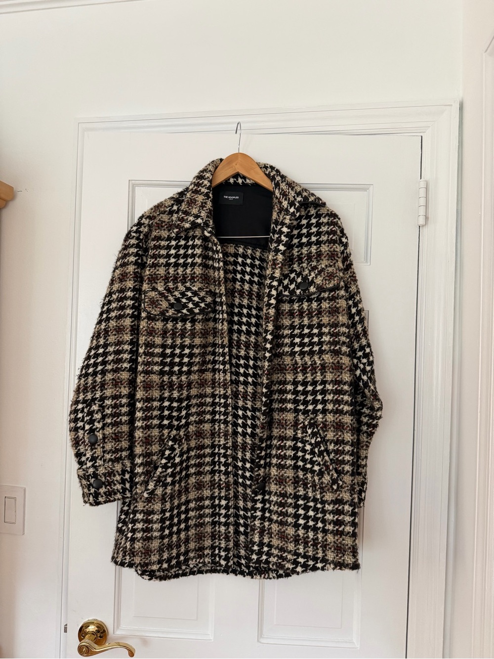 The Kooples Black and Cream Houndstooth Wool Coat with Red Accents